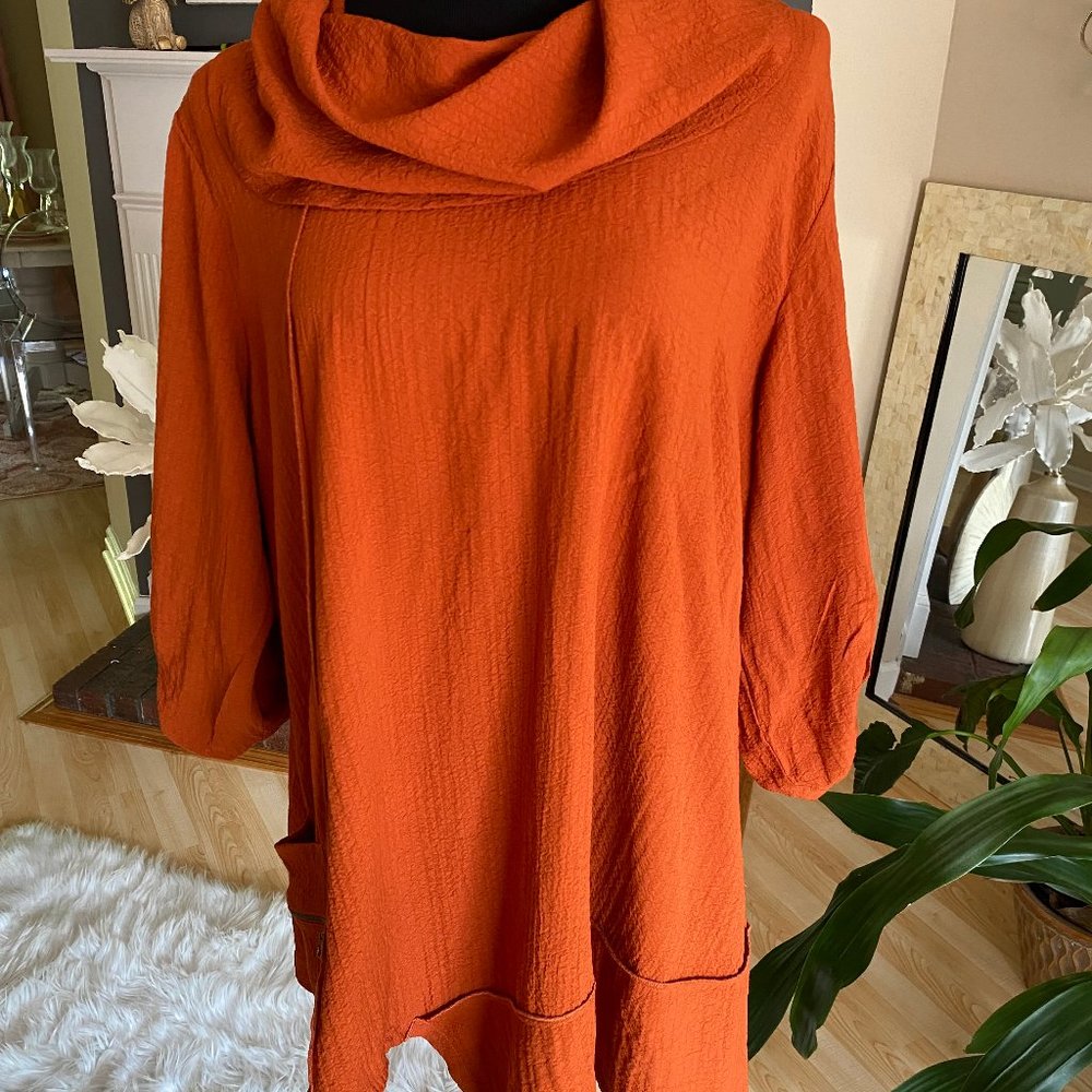 Ali Miles Orange Cowl Neck Asymmetric Top Size XL
